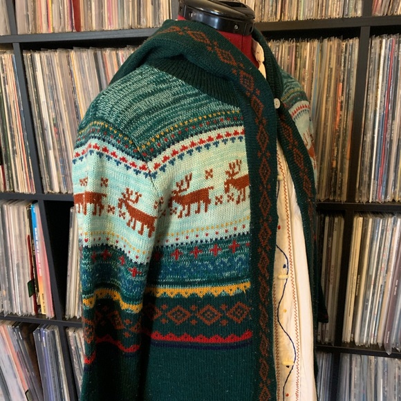 elf cloak vintage sweater 70s reindeer S hooded 💚 - Picture 6 of 8